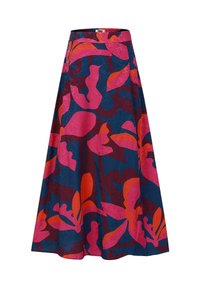 Jupe midi bleue avec une large taille, ornée d'un motif floral abstrait audacieux en rose et orange, et présentant une silhouette en forme de A.