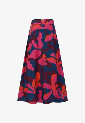 Blauwe midi-rok met brede tailleband, voorzien van een gedurfd abstract bloemenpatroon in roze en oranje en een A-lijn silhoutte.