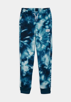 Niebiesko-białe spodnie dresowe w stylu tie-dye z elastycznym paskiem w talii, białym sznurkiem, ściągaczami przy kostkach oraz naszywką z logo Abercrombie & Fitch na prawej udzie.