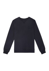 Felpa navy con strisce bianche verticali, scollo a V, maniche lunghe, polsini e orlo a costine, con una piccola etichetta logo sul petto.