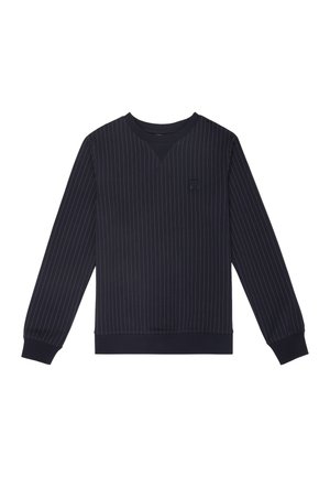 Sweat-shirt marine avec des rayures blanches verticales, col en V, manches longues, poignets et ourlet côtelés, arborant un petit patch logo sur la poitrine.