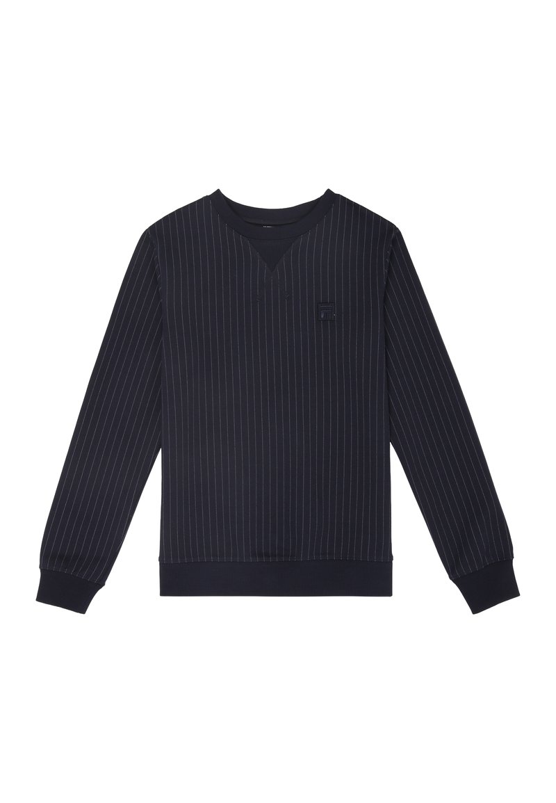 Felpa navy con strisce bianche verticali, scollo a V, maniche lunghe, polsini e orlo a costine, con una piccola etichetta logo sul petto.