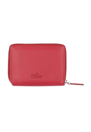 Rotes Lederportemonnaie mit Reißverschluss, geprägt mit RFID-Logo und einem Lederzuganhänger am Reißverschluss, vor weißem Hintergrund.
