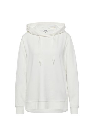 Bijela dukserica od mekog pamučnog materijala, s prednjim kengur džepom, podesivom kapuljačom s vezicom i rebrastim manžetama.