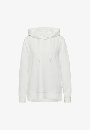 Bijela dukserica od mekog pamučnog materijala, s prednjim kengur džepom, podesivom kapuljačom s vezicom i rebrastim manžetama.