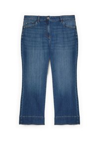 Riflové capri kalhoty v středně modré barvě s přímým střihem, pěti kapsami a zapínáním na knoflík. Mají prošitý lem a jemné vyblednutí.