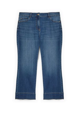 Denim capribukser i mellemblå med lige ben, fem lommer og knaplukning. Har en syet kant og diskret falmning.