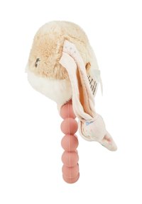 Soft plush bunny rattle with cream and beige fur, pink rubber beads handle, and floral-patterned fabric ears. Tag attached for details.