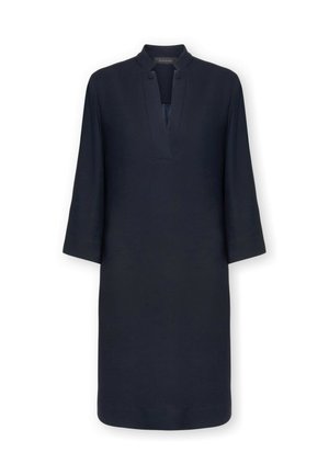 Marineblaues Tunika-Kleid mit Stehkragen, dreiviertel Ärmeln und einem Frontschlitz, das eine glatte Textur aufweist. Einfaches, klares Design.