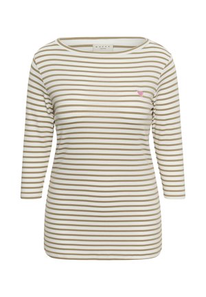 Béžové a bílé horizontálně pruhované tričko s dlouhým rukávem, kulatým výstřihem a malým růžovým srdíčkovým emblémem na levé straně hrudi.