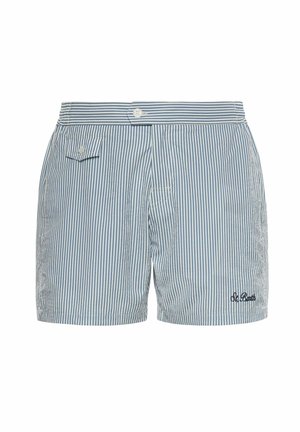 Bañadores de hombre con rayas verticales azules y blancas, con botón delantero y pequeño bolsillo en el lado izquierdo, con "St. Barth" bordado en la pierna derecha.