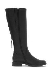 Schwarze kniehohe Stiefel aus glattem synthetischen Material, mit einem seitlichen Reißverschluss und einem niedrigen, quadratischen Absatz. Elegantes Design mit minimalen Nähten.