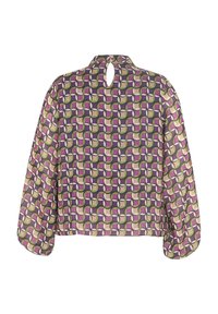 Blouse à manches longues avec motif géométrique violet, vert et beige, col montant et fermeture goutte d'eau avec bouton au dos.