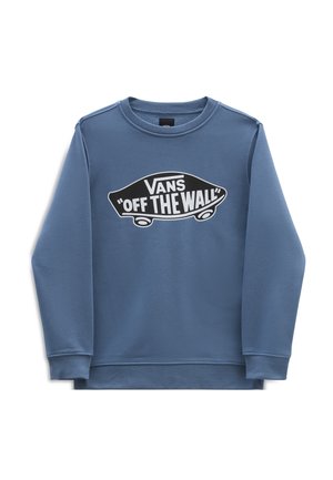 Sweatshirt bleu à manches longues avec un logo de skateboard noir et blanc "Vans Off The Wall" centré sur la poitrine.