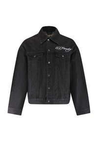 Giacca di denim nera con collo a camicia, due tasche sul petto e chiusura a bottoni. Logo bianco ricamato ben visibile sul davanti.