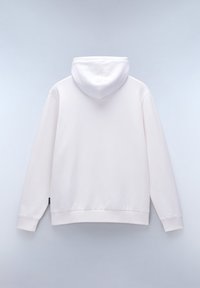 Sudadera blanca hecha de una suave mezcla de algodón, con mangas largas, capucha con cordón y puños y dobladillo acanalados. Textura suave, diseño minimalista.