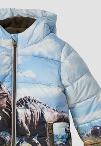 Helleblaue Daunenjacke mit Dinosauriergrafik, gestepptem Muster und Reißverschluss vorne, sowie Kapuze und braunem Fleece-Futter.