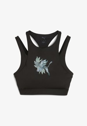 Črn športni modrček z desnom za dirkanje. Na sprednji strani je odsevni motiv leva in cvetlični vzorec. Izdelan je iz gladkega, raztegljivega materiala.