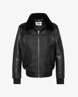 Schwarze Leder-Bomberjacke mit weichem Lammfellkragen, vorderem Reißverschluss, Seitentaschen sowie gerippten Bündchen und Saum.