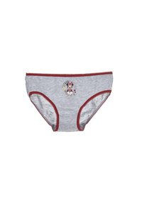 Grijze katoenen onderbroek met rode rand, met een geborduurd figuur en bloemenmotief op de voorkant. Zachte textuur, mid-rise snit.
