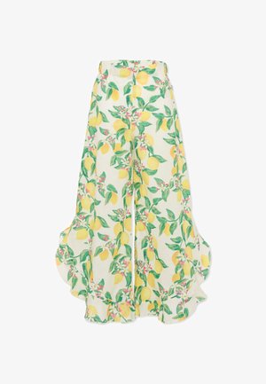 Pantaloni larghi floreali con motivo di limoni e foglie su sfondo chiaro, con orlo arricciato e vita elasticizzata.