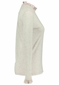 Light gray long-sleeve shirt with a ribbed texture, featuring a ruffled collar and cuffs. Smooth fabric with a relaxed fit.