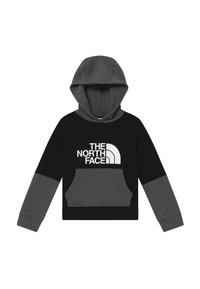 Svart och grå hoodie med en stor vit logotyp på framsidan, känguruficka och kontrasterande ärmmönster. Mjukt, texturerat tyg.