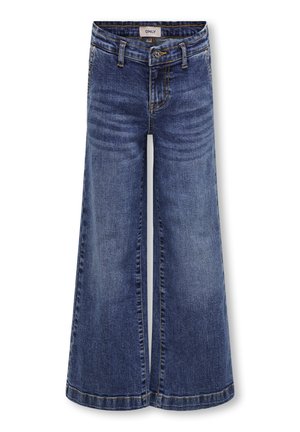 Bredde ben mørkeblå denimjeans med en falmet finish, der har knaplukning, bæltesløjfer og kontrasterende gule syninger.