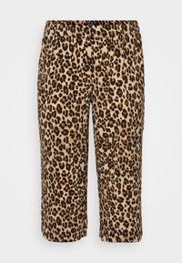 Pantaloni con stampa leopardata in tessuto morbido. Presentano un elastico in vita, una lunghezza cropped e un motivo di macchie nere e marroni su uno sfondo beige.
