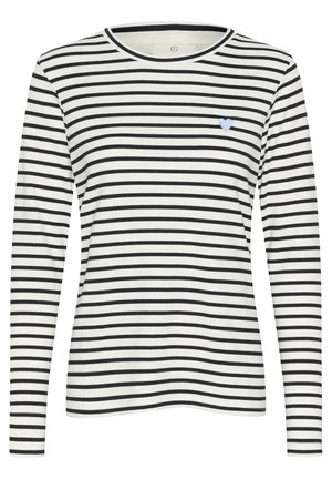 Langærmet stribet skjorte i hvid og sort. Har en rund halsudskæring og et lille blåt hjerteemblem på venstre bryst. Blødt stof.