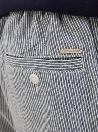 Stripete shorts med blå og hvit fargeskjema, med et lite logomerke, frontknappåpning, og synlig baklommepreget.