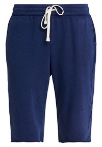 Marineblaue knielange Shorts mit weißem Kordelzug am elastischen Bund und Seitentaschen, auf weißem Hintergrund präsentiert.