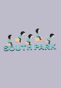 Pět karikaturních postav v sekvenčních pozicích, oblečených v azurových tričkách, jezdících na zaoblených tvarech, s textem "SOUTH PARK" pod nimi tučně v tyrkysové barvě.