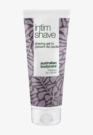 Tube Australian Bodycare Intim Shave Gel mit violettem Blättermuster, gekennzeichnet zur Vermeidung roter Flecken beim Rasieren.