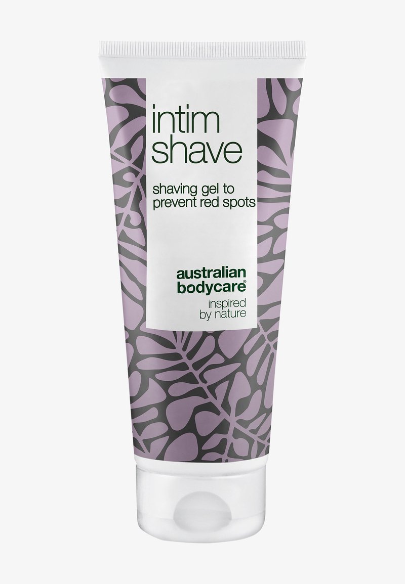 Tube de gel à raser intime Australian Bodycare avec motif de feuilles violettes, étiqueté pour prévenir les rougeurs lors du rasage.