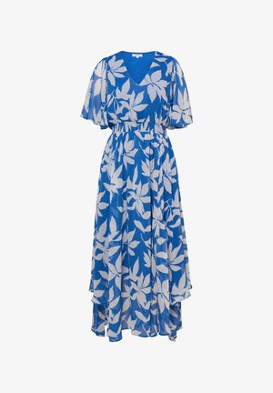 Blauwe midi-jurk met grote witte bloemenprint, V-hals, korte roezelmouwen, elastische taille en gelaagde, vloeiende rok.