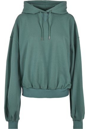 Zielona bluza z kapturem wykonana z miękkiego materiału, z regulowanym kapturem, prążkowanym dołem i bufiastymi rękawami z elastycznymi mankietami.