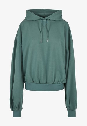 Zielona bluza z kapturem wykonana z miękkiego materiału, z regulowanym kapturem, prążkowanym dołem i bufiastymi rękawami z elastycznymi mankietami.