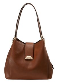 Brown leather handbag with a rounded shape, single shoulder strap, and a magnetic flap closure featuring a metallic accent.