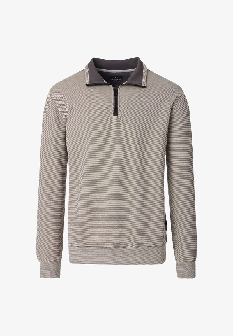 Hellgrauer Pullover mit Reißverschluss am Kragen und kontrastierendem dunklem Kragen. Gerippte Textur, lange Ärmel und seitliche Saumdetails.