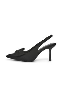 Schwarze Satin Slingback-Pumps mit spitzer Zehenform, 7,5 cm Stiletto-Absatz und vorderer Schleifenoption. Glatte Textur und minimalistisches Design.