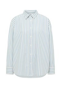 Jasnoniebieska koszula w białe paski z guzikiem, z kołnierzykiem, długimi rękawami i zaokrąglonym dołem. Wykonana z lekkiego materiału.