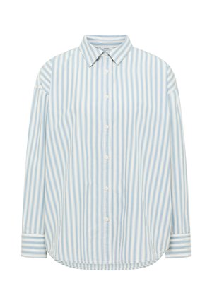 Light blue and white striped button-up shirt with a collar, long sleeves, and a curved hem. Made of a lightweight fabric.