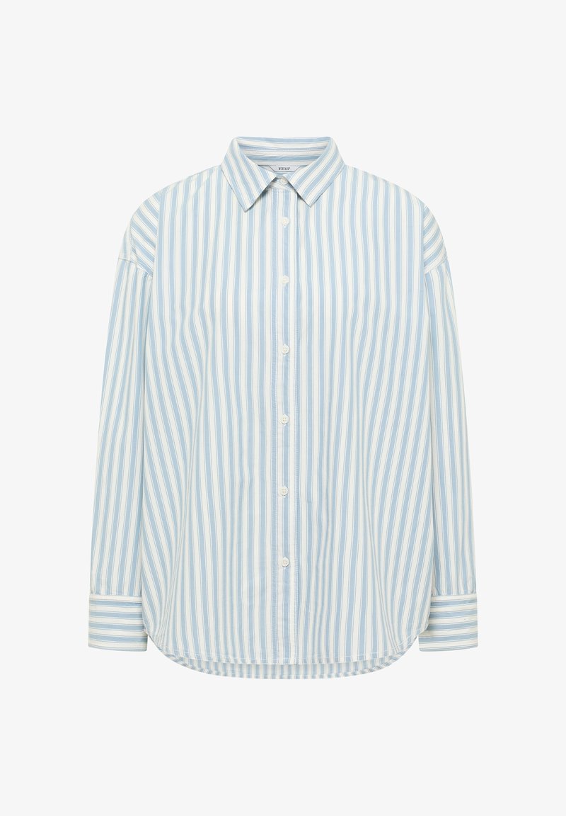 Jasnoniebieska koszula w białe paski z guzikiem, z kołnierzykiem, długimi rękawami i zaokrąglonym dołem. Wykonana z lekkiego materiału.