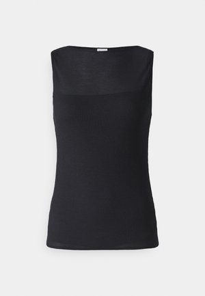 Black ribbed tank top with a wide neckline. The fabric is smooth and fitted, featuring a subtle texture throughout. No visible embellishments.