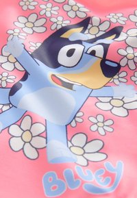 Mėlynas animacinis šuns personažas rožiniame fone su baltais žiedais, vaizduojantis animuotą dizainą. Apatinėje dalyje mėlynas užrašas „BLUEY“.