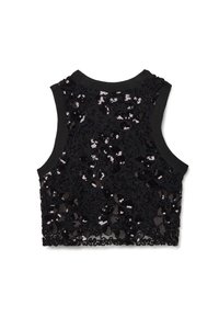 Top corto nero con tessuto testurizzato decorato con paillettes e motivi floreali, scollatura rotonda e senza maniche.