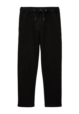 Pantalon de survêtement noir en coton, doté d'une taille élastique avec cordon de serrage, de deux poches latérales et d'une coupe fuselée.
