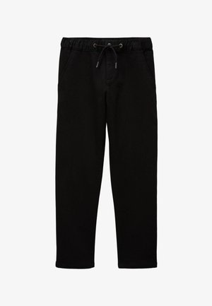 Pantalon de survêtement noir en coton, doté d'une taille élastique avec cordon de serrage, de deux poches latérales et d'une coupe fuselée.