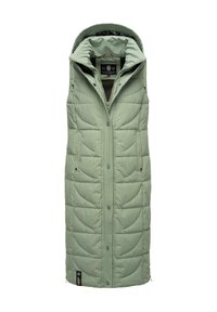Langer, ärmelloser Puffer-Weste in hellgrün, mit Kapuze, Reißverschluss vorne und seitlichen Reißverschlusstaschen. Sie hat eine gesteppten Textur und gebogene Nähte.